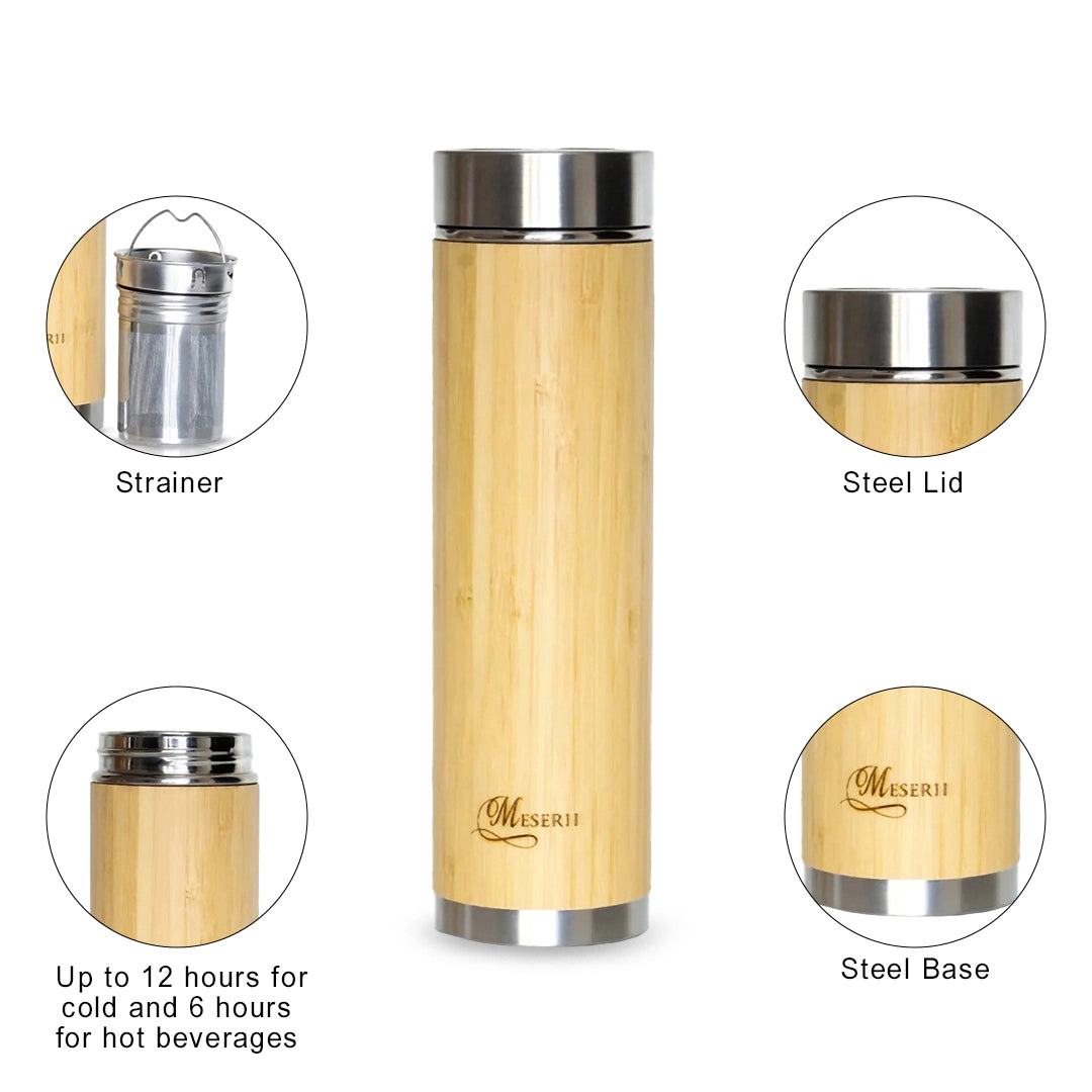 Meserii's Bamboo Stainless Steel Bottle/Vaccum Insulated Bamboo Bottle (500ml)